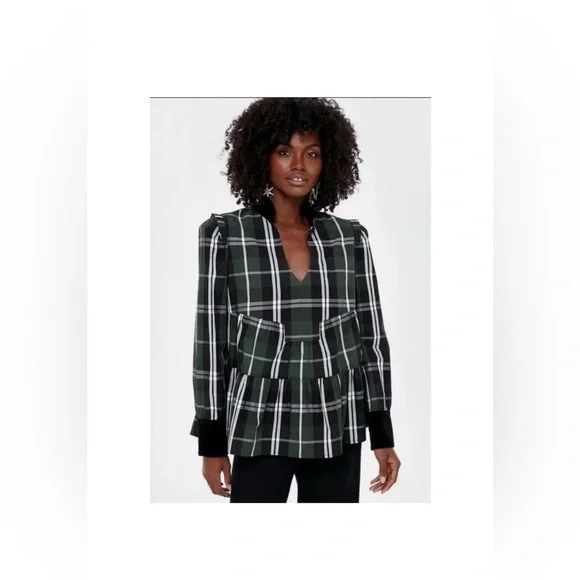 Tuckernuck Bristol Tartan Plaid Peplum Top XS Green Velvet Collar NWT - Picture 2 of 10